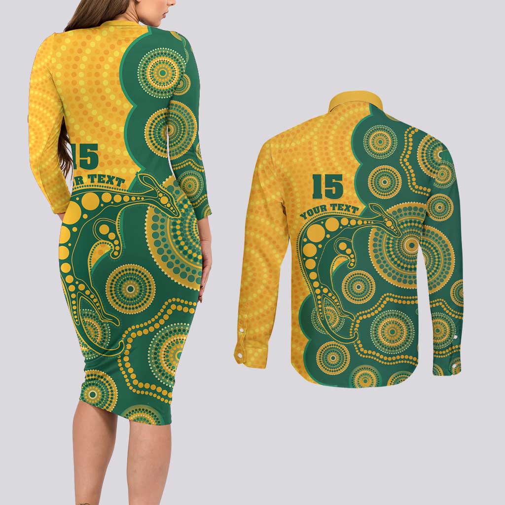 Australia Rugby Custom Couples Matching Long Sleeve Bodycon Dress and Long Sleeve Button Shirt Go Wallabies Aboriginal Style