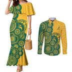 Australia Rugby Custom Couples Matching Mermaid Dress and Long Sleeve Button Shirt Go Wallabies Aboriginal Style