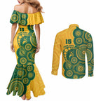 Australia Rugby Custom Couples Matching Mermaid Dress and Long Sleeve Button Shirt Go Wallabies Aboriginal Style