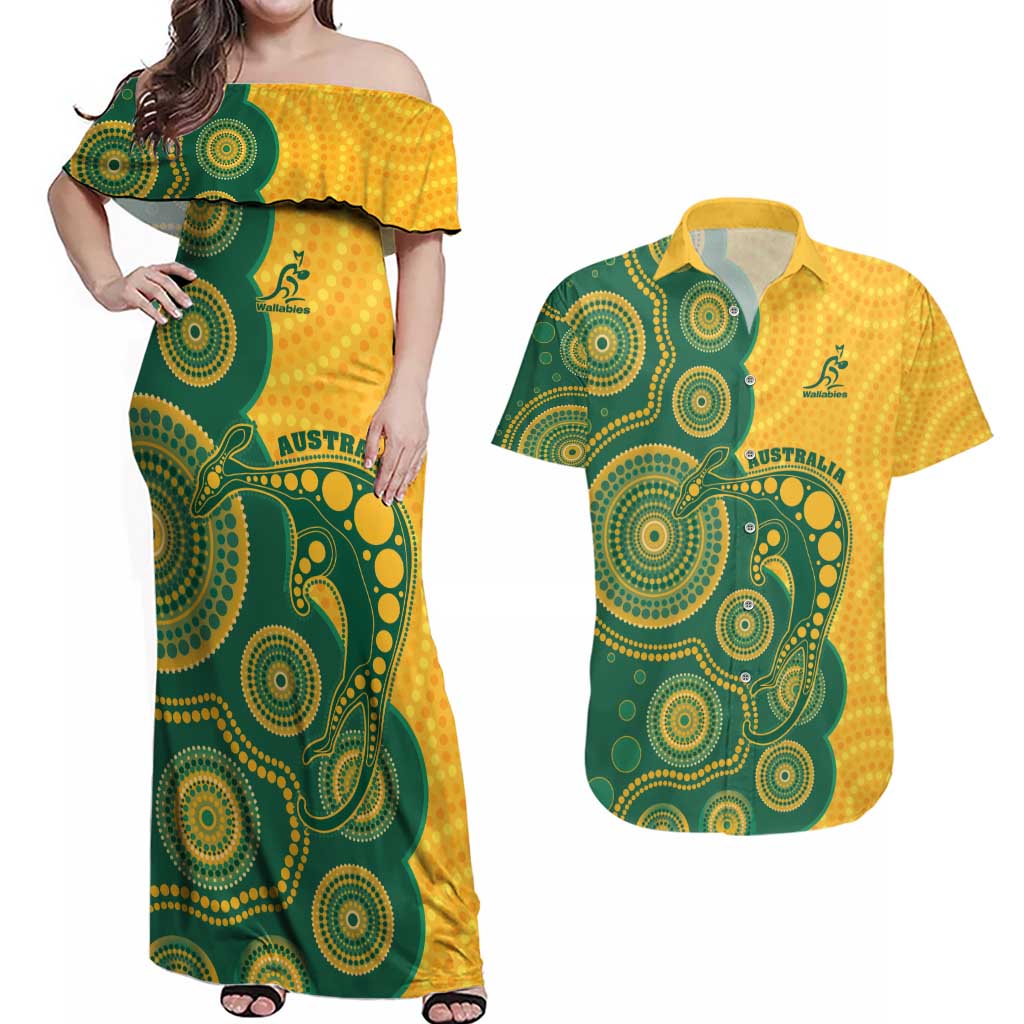 Australia Rugby Custom Couples Matching Off Shoulder Maxi Dress and Hawaiian Shirt Go Wallabies Aboriginal Style