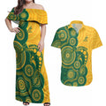 Australia Rugby Custom Couples Matching Off Shoulder Maxi Dress and Hawaiian Shirt Go Wallabies Aboriginal Style