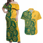 Australia Rugby Custom Couples Matching Off Shoulder Maxi Dress and Hawaiian Shirt Go Wallabies Aboriginal Style