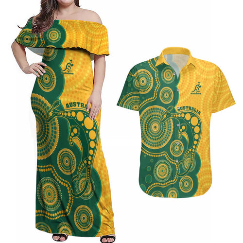 Australia Rugby Custom Couples Matching Off Shoulder Maxi Dress and Hawaiian Shirt Go Wallabies Aboriginal Style