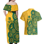 Australia Rugby Custom Couples Matching Off Shoulder Maxi Dress and Hawaiian Shirt Go Wallabies Aboriginal Style