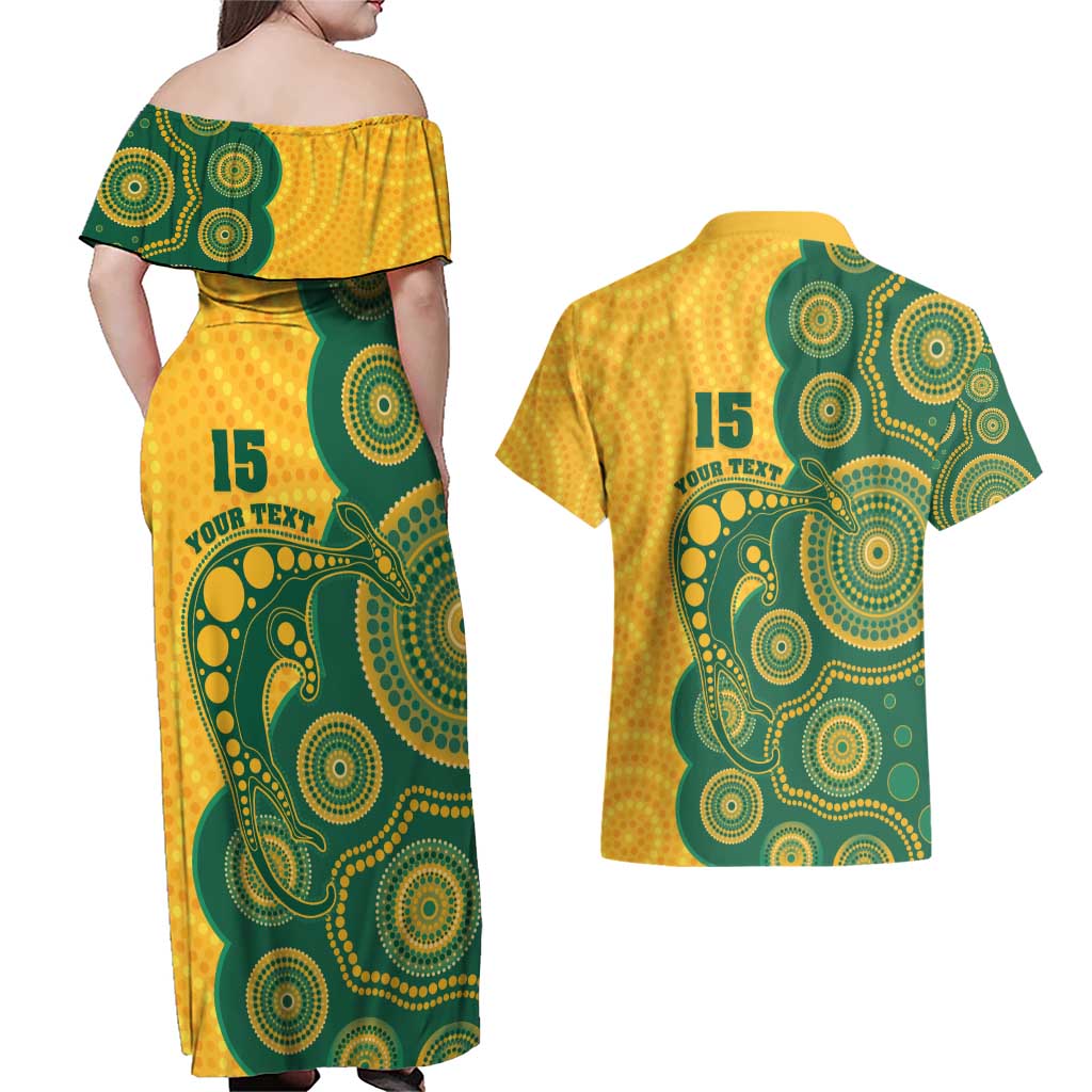 Australia Rugby Custom Couples Matching Off Shoulder Maxi Dress and Hawaiian Shirt Go Wallabies Aboriginal Style