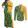 Australia Rugby Custom Couples Matching Off Shoulder Maxi Dress and Long Sleeve Button Shirt Go Wallabies Aboriginal Style