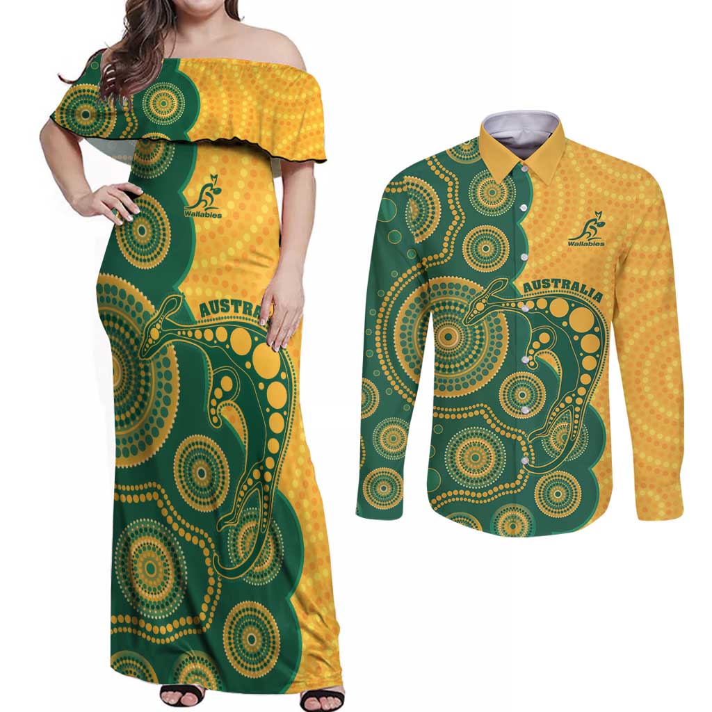 Australia Rugby Custom Couples Matching Off Shoulder Maxi Dress and Long Sleeve Button Shirt Go Wallabies Aboriginal Style