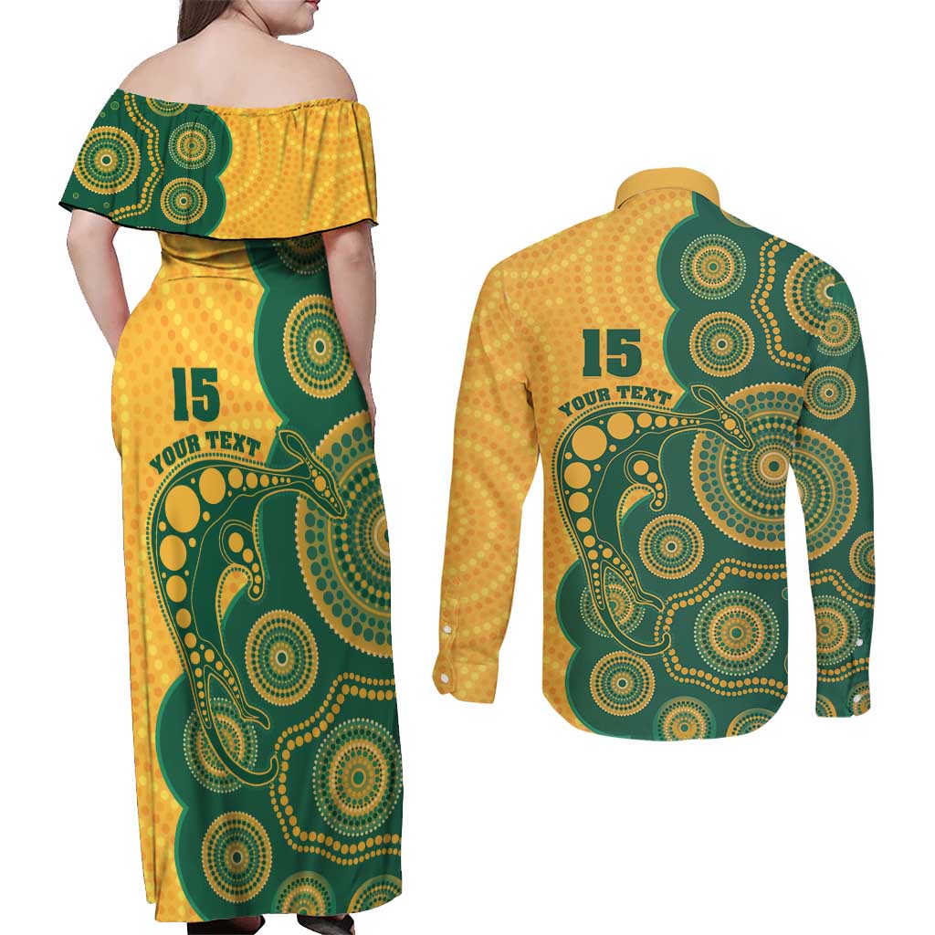 Australia Rugby Custom Couples Matching Off Shoulder Maxi Dress and Long Sleeve Button Shirt Go Wallabies Aboriginal Style