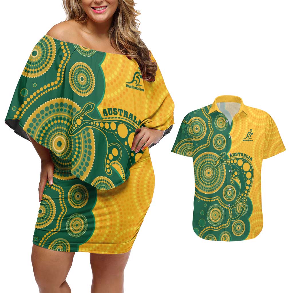 Australia Rugby Custom Couples Matching Off Shoulder Short Dress and Hawaiian Shirt Go Wallabies Aboriginal Style