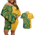 Australia Rugby Custom Couples Matching Off Shoulder Short Dress and Hawaiian Shirt Go Wallabies Aboriginal Style