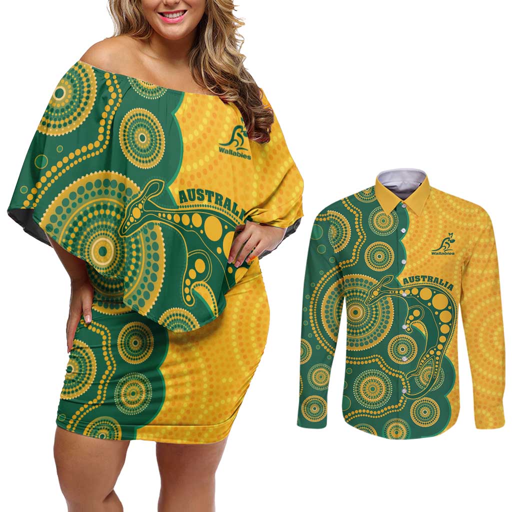 Australia Rugby Custom Couples Matching Off Shoulder Short Dress and Long Sleeve Button Shirt Go Wallabies Aboriginal Style