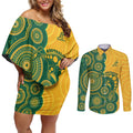 Australia Rugby Custom Couples Matching Off Shoulder Short Dress and Long Sleeve Button Shirt Go Wallabies Aboriginal Style