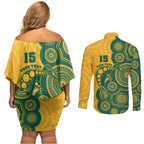 Australia Rugby Custom Couples Matching Off Shoulder Short Dress and Long Sleeve Button Shirt Go Wallabies Aboriginal Style