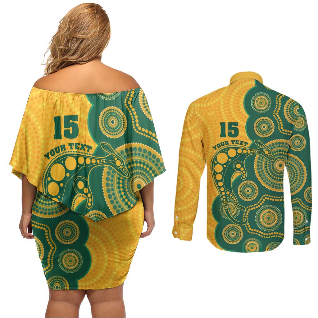 Australia Rugby Custom Couples Matching Off Shoulder Short Dress and Long Sleeve Button Shirt Go Wallabies Aboriginal Style