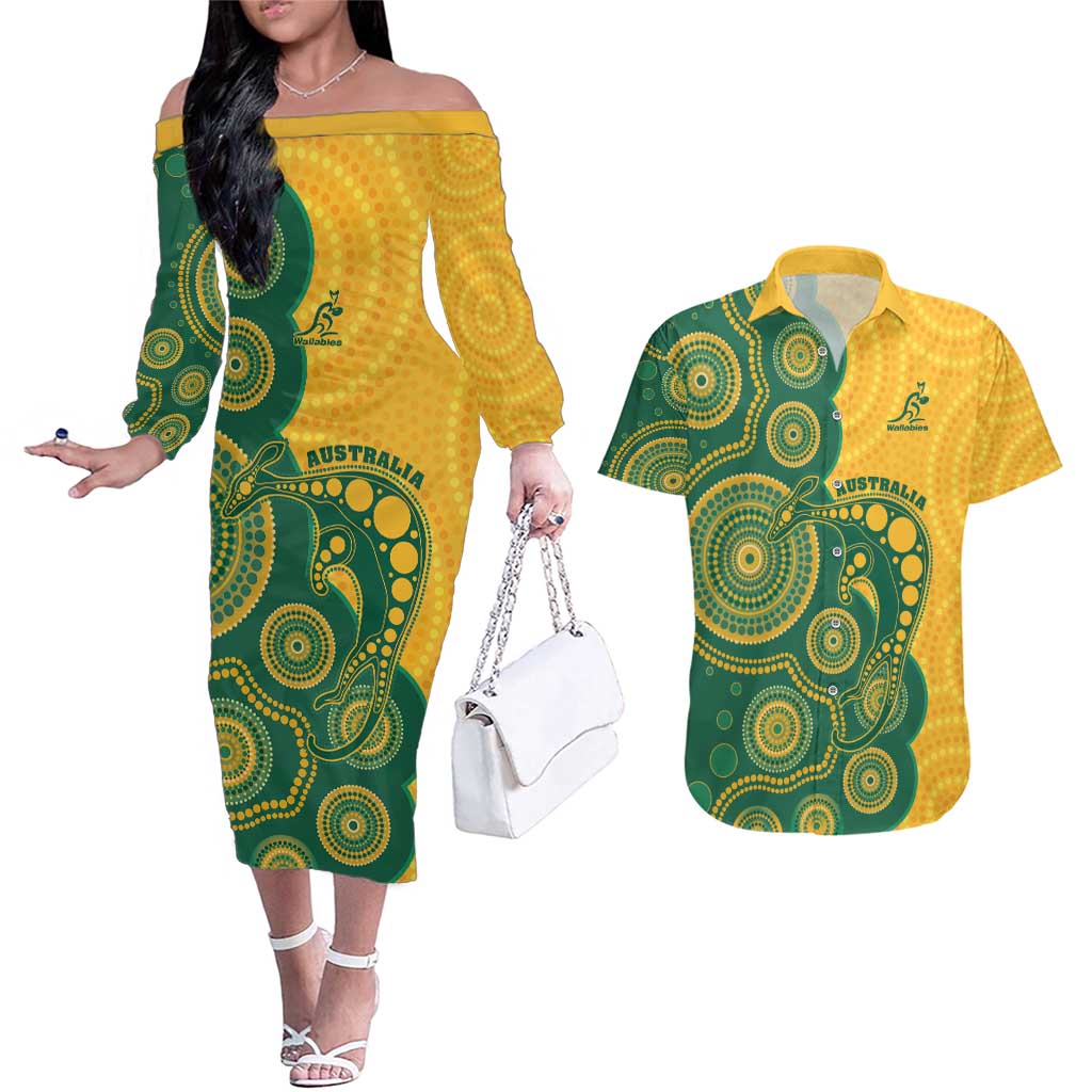 Australia Rugby Custom Couples Matching Off The Shoulder Long Sleeve Dress and Hawaiian Shirt Go Wallabies Aboriginal Style
