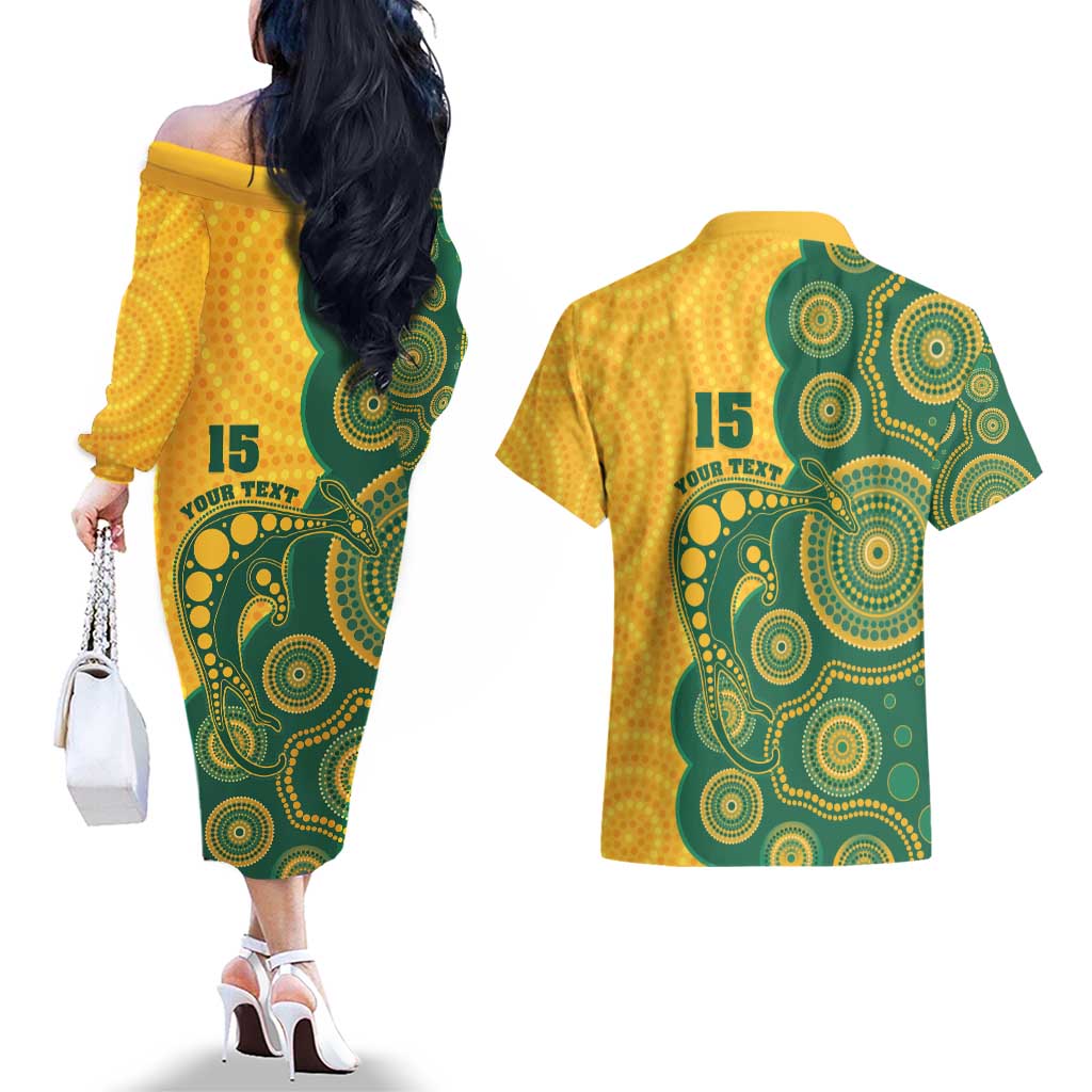 Australia Rugby Custom Couples Matching Off The Shoulder Long Sleeve Dress and Hawaiian Shirt Go Wallabies Aboriginal Style