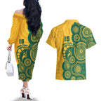 Australia Rugby Custom Couples Matching Off The Shoulder Long Sleeve Dress and Hawaiian Shirt Go Wallabies Aboriginal Style