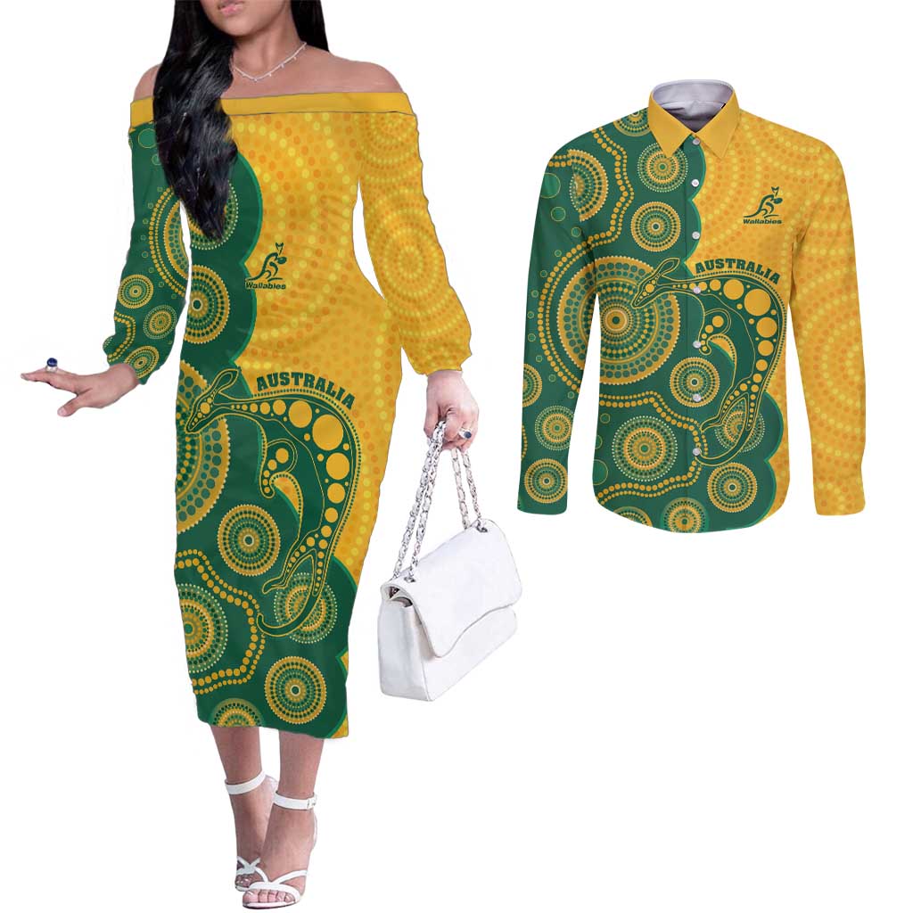 Australia Rugby Custom Couples Matching Off The Shoulder Long Sleeve Dress and Long Sleeve Button Shirt Go Wallabies Aboriginal Style