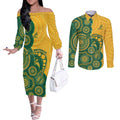Australia Rugby Custom Couples Matching Off The Shoulder Long Sleeve Dress and Long Sleeve Button Shirt Go Wallabies Aboriginal Style