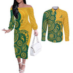 Australia Rugby Custom Couples Matching Off The Shoulder Long Sleeve Dress and Long Sleeve Button Shirt Go Wallabies Aboriginal Style