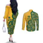 Australia Rugby Custom Couples Matching Off The Shoulder Long Sleeve Dress and Long Sleeve Button Shirt Go Wallabies Aboriginal Style