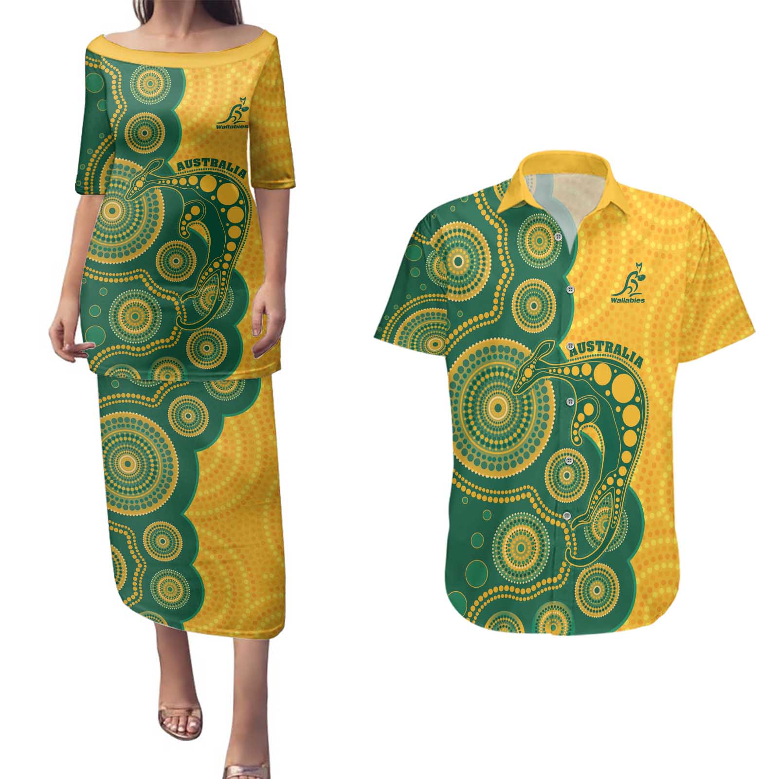 Australia Rugby Custom Couples Matching Puletasi and Hawaiian Shirt Go Wallabies Aboriginal Style
