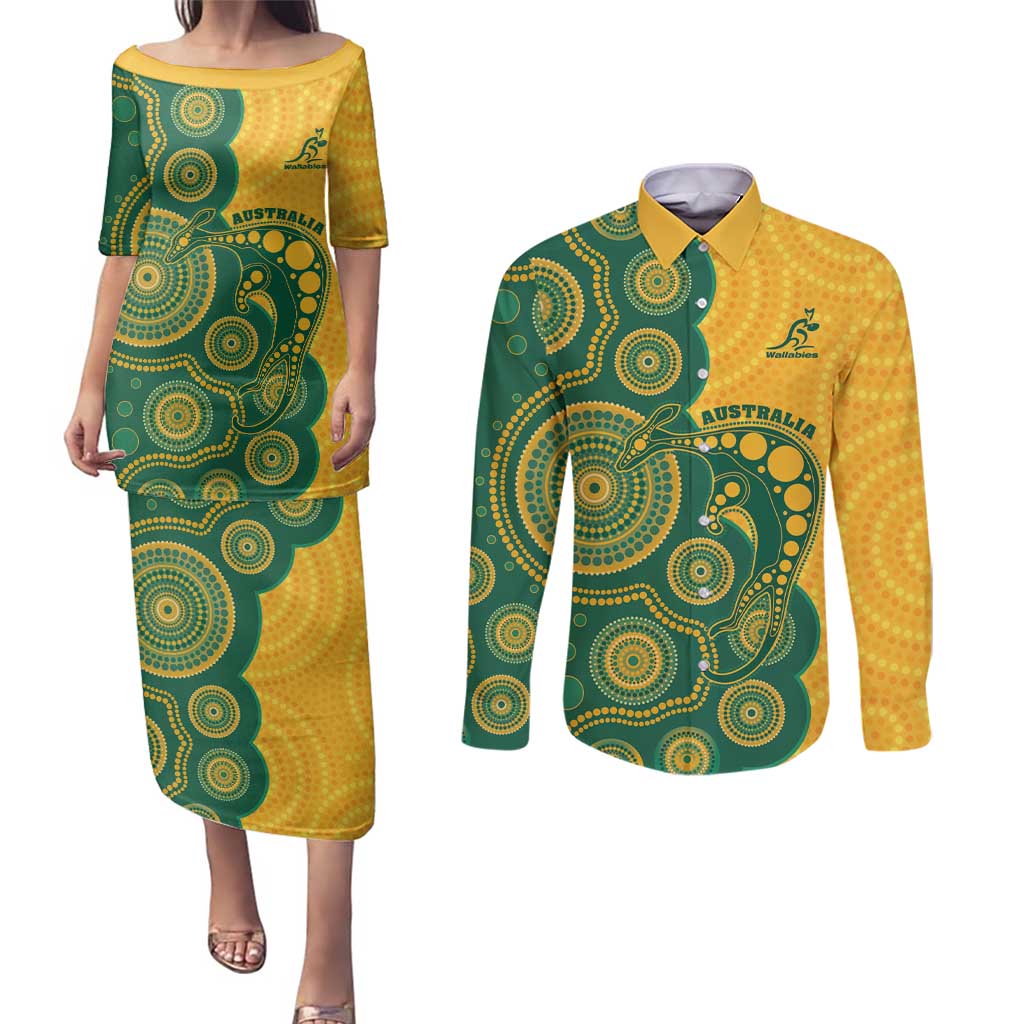 Australia Rugby Custom Couples Matching Puletasi and Long Sleeve Button Shirt Go Wallabies Aboriginal Style