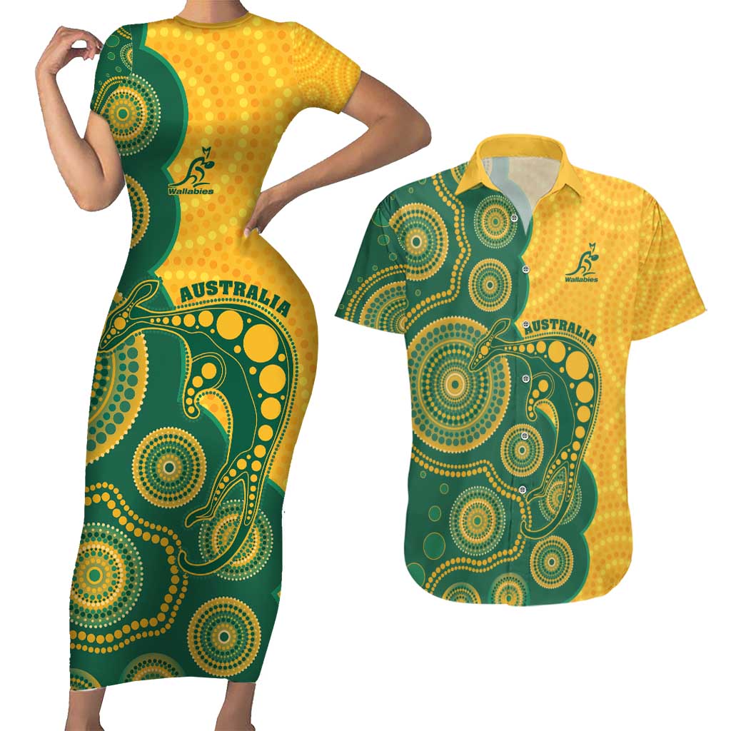 Australia Rugby Custom Couples Matching Short Sleeve Bodycon Dress and Hawaiian Shirt Go Wallabies Aboriginal Style