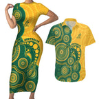 Australia Rugby Custom Couples Matching Short Sleeve Bodycon Dress and Hawaiian Shirt Go Wallabies Aboriginal Style