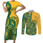 Australia Rugby Custom Couples Matching Short Sleeve Bodycon Dress and Long Sleeve Button Shirt Go Wallabies Aboriginal Style