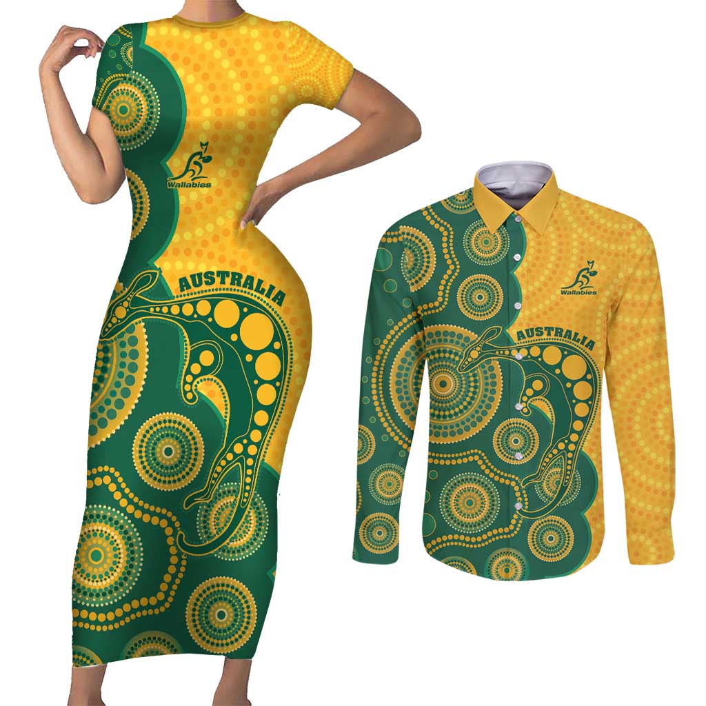 Australia Rugby Custom Couples Matching Short Sleeve Bodycon Dress and Long Sleeve Button Shirt Go Wallabies Aboriginal Style