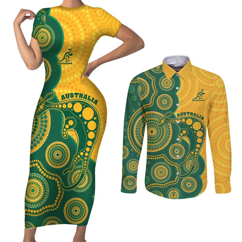 Australia Rugby Custom Couples Matching Short Sleeve Bodycon Dress and Long Sleeve Button Shirt Go Wallabies Aboriginal Style