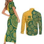 Australia Rugby Custom Couples Matching Short Sleeve Bodycon Dress and Long Sleeve Button Shirt Go Wallabies Aboriginal Style