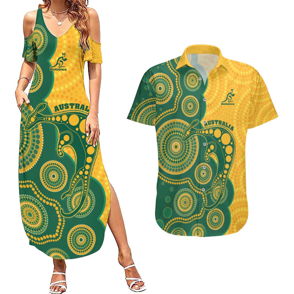 Australia Rugby Custom Couples Matching Summer Maxi Dress and Hawaiian Shirt Go Wallabies Aboriginal Style