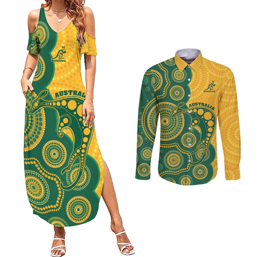 Australia Rugby Custom Couples Matching Summer Maxi Dress and Long Sleeve Button Shirt Go Wallabies Aboriginal Style