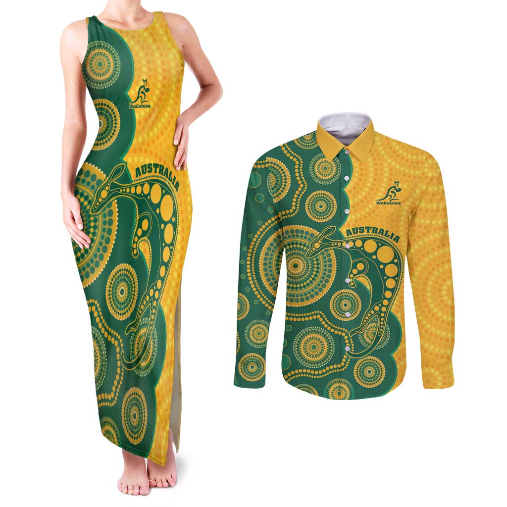 Australia Rugby Custom Couples Matching Tank Maxi Dress and Long Sleeve Button Shirt Go Wallabies Aboriginal Style