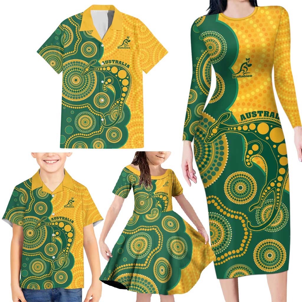Australia Rugby Custom Family Matching Long Sleeve Bodycon Dress and Hawaiian Shirt Go Wallabies Aboriginal Style