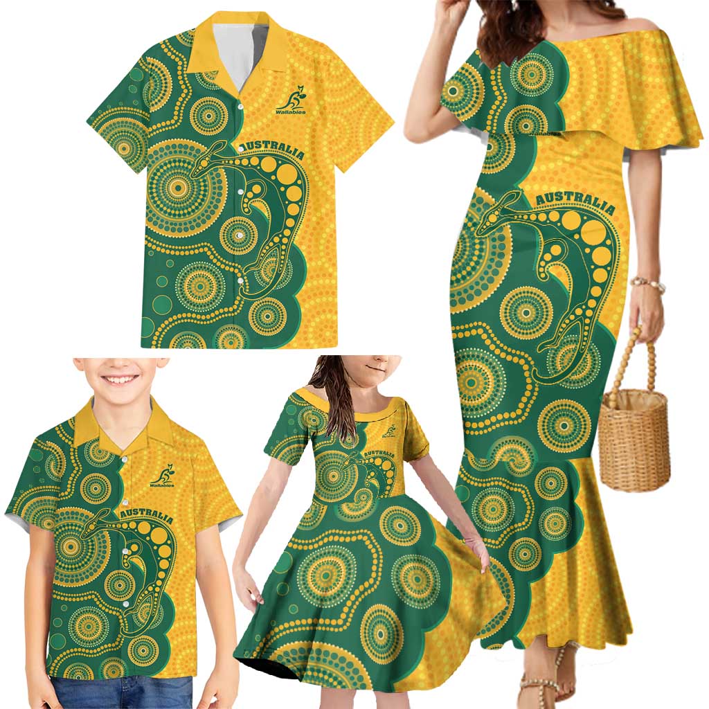 Australia Rugby Custom Family Matching Mermaid Dress and Hawaiian Shirt Go Wallabies Aboriginal Style