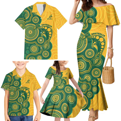 Australia Rugby Custom Family Matching Mermaid Dress and Hawaiian Shirt Go Wallabies Aboriginal Style