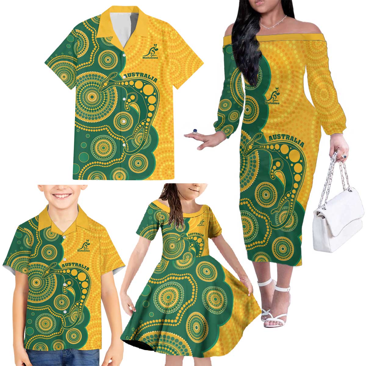 Australia Rugby Custom Family Matching Off The Shoulder Long Sleeve Dress and Hawaiian Shirt Go Wallabies Aboriginal Style