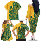 Australia Rugby Custom Family Matching Off The Shoulder Long Sleeve Dress and Hawaiian Shirt Go Wallabies Aboriginal Style