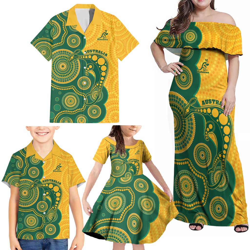 Australia Rugby Custom Family Matching Off Shoulder Maxi Dress and Hawaiian Shirt Go Wallabies Aboriginal Style
