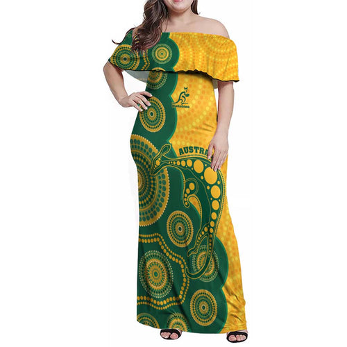 Australia Rugby Custom Family Matching Off Shoulder Maxi Dress and Hawaiian Shirt Go Wallabies Aboriginal Style