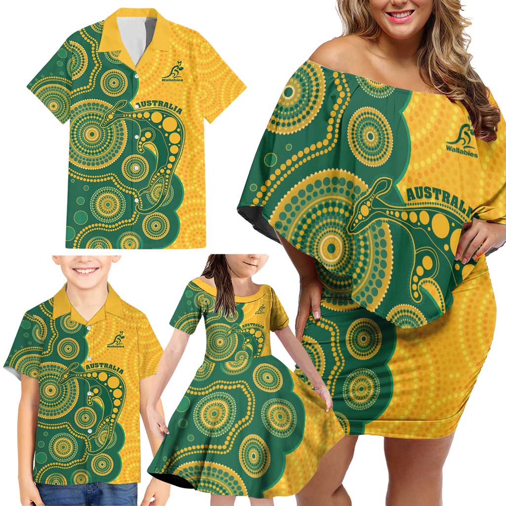 Australia Rugby Custom Family Matching Off Shoulder Short Dress and Hawaiian Shirt Go Wallabies Aboriginal Style