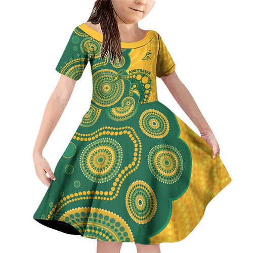 Australia Rugby Custom Family Matching Off Shoulder Short Dress and Hawaiian Shirt Go Wallabies Aboriginal Style