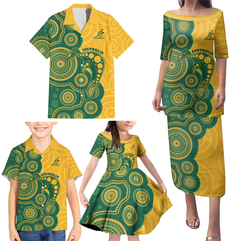 Australia Rugby Custom Family Matching Puletasi and Hawaiian Shirt Go Wallabies Aboriginal Style