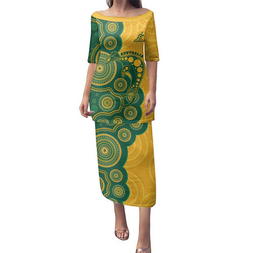 Australia Rugby Custom Family Matching Puletasi and Hawaiian Shirt Go Wallabies Aboriginal Style
