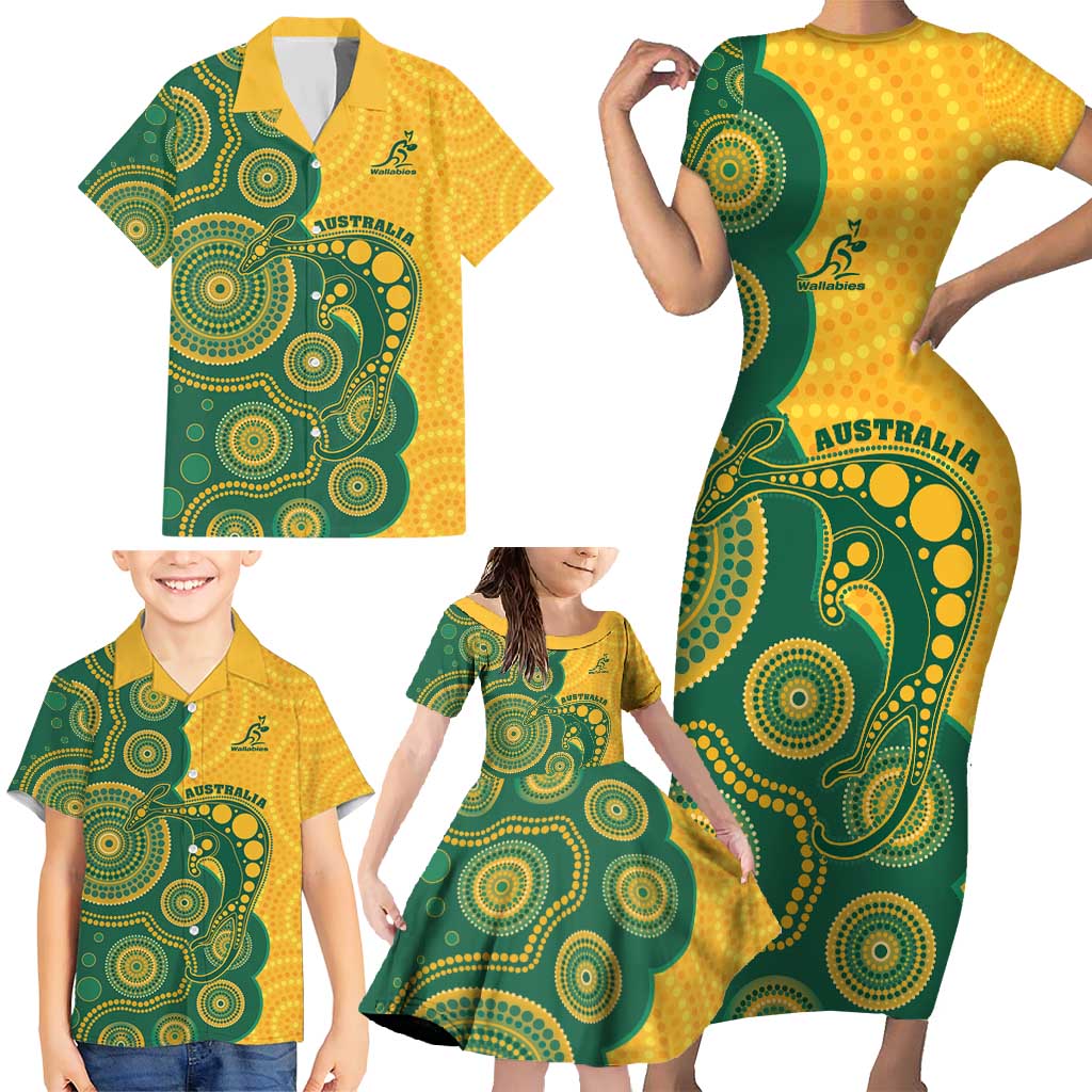 Australia Rugby Custom Family Matching Short Sleeve Bodycon Dress and Hawaiian Shirt Go Wallabies Aboriginal Style