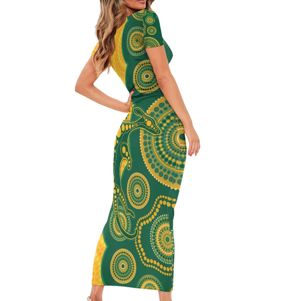 Australia Rugby Custom Family Matching Short Sleeve Bodycon Dress and Hawaiian Shirt Go Wallabies Aboriginal Style