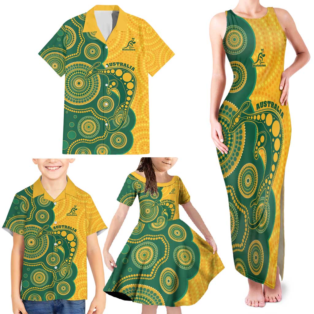 Australia Rugby Custom Family Matching Tank Maxi Dress and Hawaiian Shirt Go Wallabies Aboriginal Style